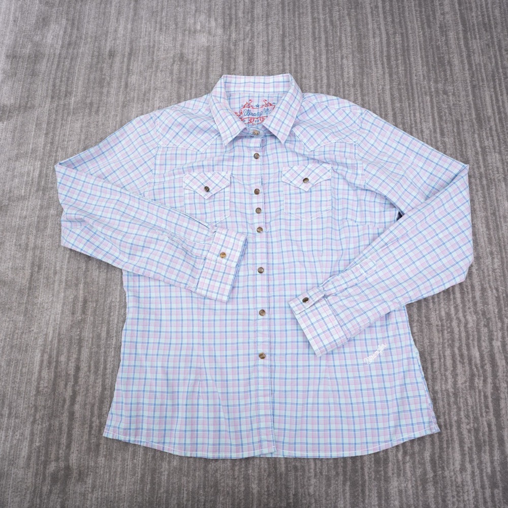 Wrangler Western Snap Shirt Womens Large Blue Pink Plaid Excellent Long Sleeve - Picture 1 of 9